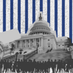 Collage-style illustration of the U.S. Capitol with a crowd gathered in front, a raised hand holding a blank sign, and blue stripes and stars in the background.