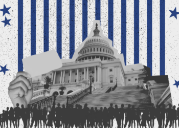 Collage-style illustration of the U.S. Capitol with a crowd gathered in front, a raised hand holding a blank sign, and blue stripes and stars in the background.