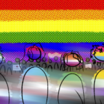 Illustration of a Pride parade with drawings of 4 people each of who have different pride flagss on them behind a crowd holding signs, with several people wearing clothing or hairstyles inspired by different LGBTQ+ pride flags beneath a large rainbow flag stretching across the sky.