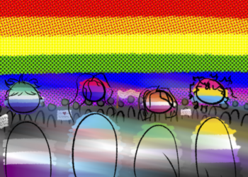 Illustration of a Pride parade with drawings of 4 people each of who have different pride flagss on them behind a crowd holding signs, with several people wearing clothing or hairstyles inspired by different LGBTQ+ pride flags beneath a large rainbow flag stretching across the sky.