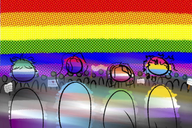 Illustration of a Pride parade with drawings of 4 people each of who have different pride flagss on them behind a crowd holding signs, with several people wearing clothing or hairstyles inspired by different LGBTQ+ pride flags beneath a large rainbow flag stretching across the sky.