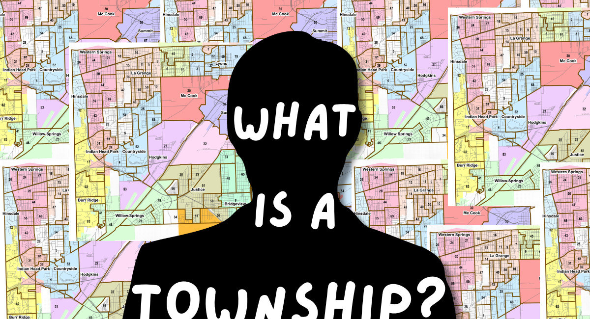 Graphic with the text "What Is a Township?" over a silhouette against a background of colorful map of Lyons Township.