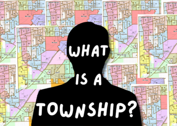 Graphic with the text "What Is a Township?" over a silhouette against a background of colorful map of Lyons Township.
